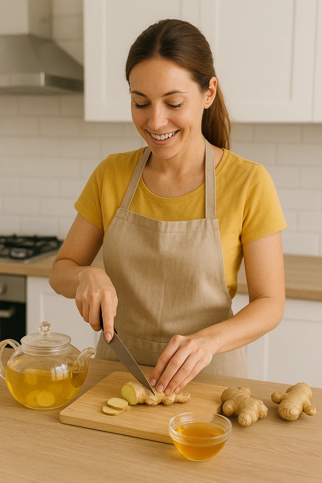 Mujer cortando jengibre fresco en una cocina
