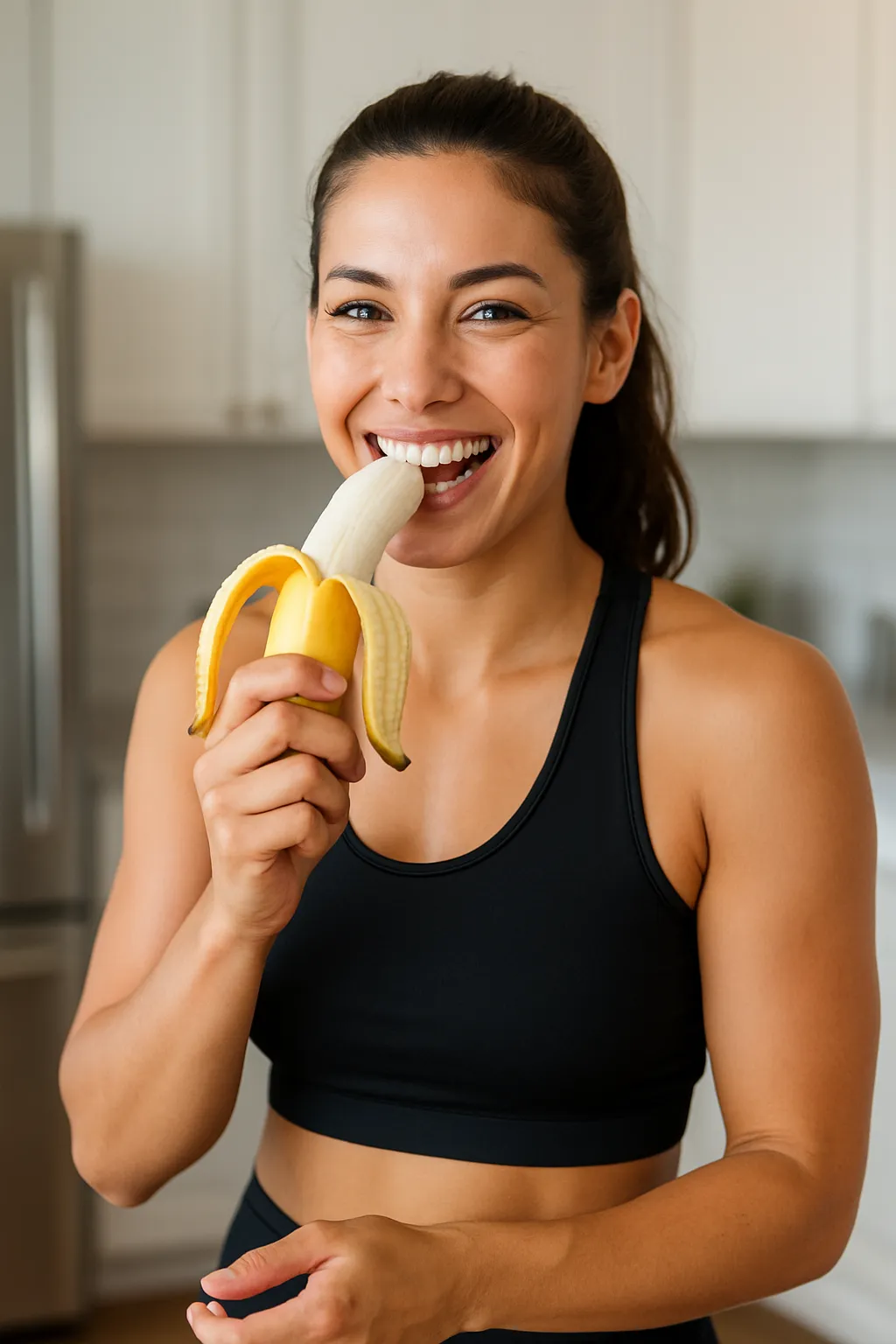 Persona sonriente sosteniendo un banano Cavendish fresco